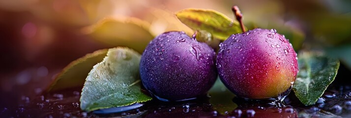 Sticker -  A few plums atop a rain-dotted table, beneath a leafy branch