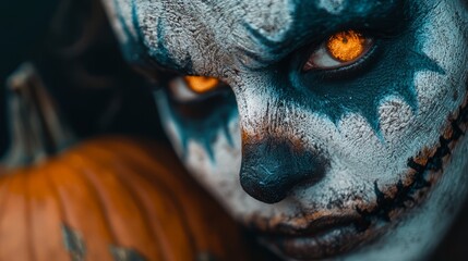 Wall Mural -  A tight shot of a face, adorned with white and orange make-up, next to a pumpkin in the foreground