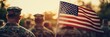 © olga_demina - Sunset flag ceremony with soldier. Celebrating Veterans Day and Memorial Day.