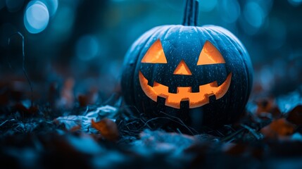  A jack-o-lantern pumpkin sits in the grass, eyes open and aglow in the darkness