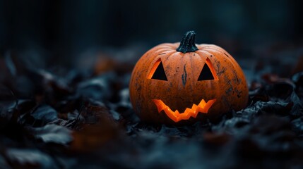  A Jack-o-lantern atop a leafy bed, against a backdrop of unadorned blackness