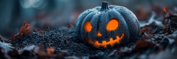  A jack-o-lantern pumpkin rests on the ground amidst a field of fallen autumn leaves, its glowing eyes casting an eerie light