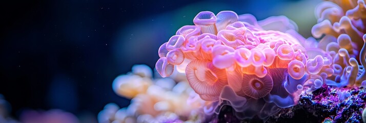 Poster -  A tight shot of a pink and purple sea anemone against a black backdrop, surrounded by a blue sky in the distance