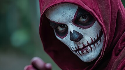 Canvas Print -  A tight shot of an individual donning a skeleton mask, gaze fixed on the camera, cell phone grasped in hand