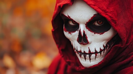 Canvas Print -  A tight shot of an individual wearing a skeleton suit, donning a red hood, and featuring a white skull mask on their face