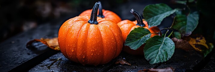 Poster -  Two orange pumpkins atop a weathered wooden table, adjacent to a vibrant green plant, amidst a rainy day