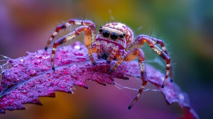 Wall Mural -  A tight shot of a spider on a wet leaf, its back legs and reflective eyes dotted with water droplets