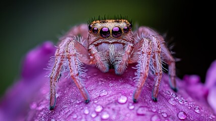 Sticker -  A tight shot of a jumping spider perched on a purplish flower, adorned with dewdrops on its petals