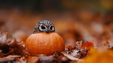 Wall Mural -  A small owl atop a pumpkin amidst autumnal leaves, fall day