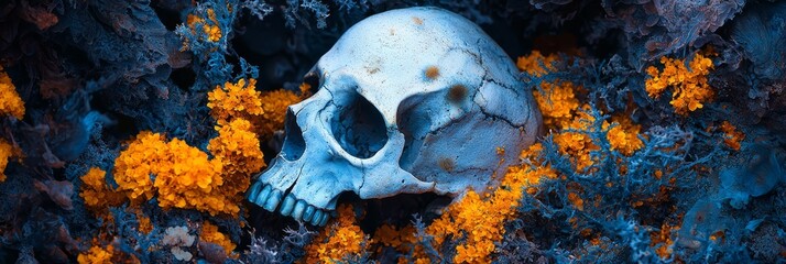  A blue-and-white skull rests amidst yellow and orange plants and corals on a coral reef in the ocean