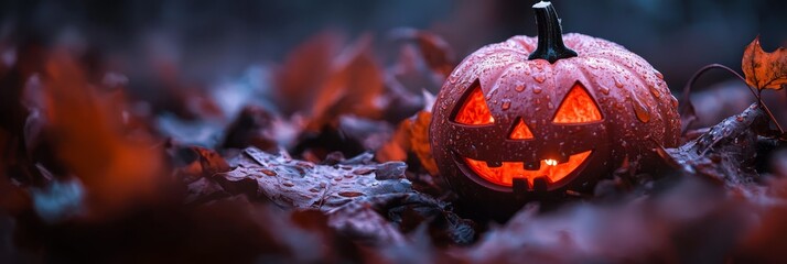 Sticker -  A Jack-o-lantern sits in the heart of a leafy field, its candle aglow within