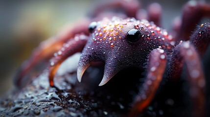 Sticker -  A tight shot of a purple octopus against a black backdrop, adorned with water droplets on its hind legs