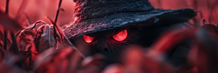 Wall Mural -  A tight shot of someone donning a black hat with a red-eyed gaze The hat features a black brim