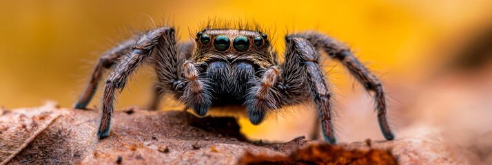 Wall Mural -  A tight shot of a jumping spider atop a wood plank against a yellow backdrop, subtly blurred