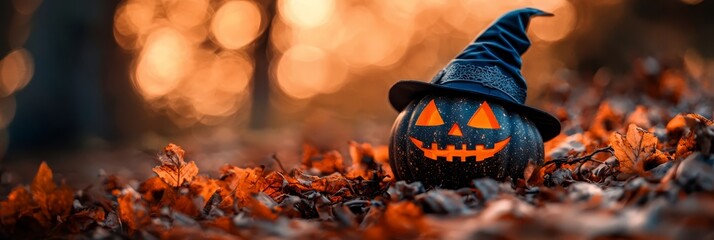 Sticker -  A pumpkin, sporting a witch's hat, sits centrally in a lush, leafy landscape Trees surround and frame the scene in the backdrop