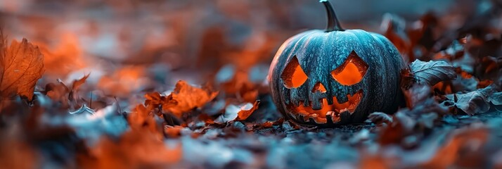  A jack-o-lantern pumpkin, with its eerie features, sits amidst a field of falling leaves