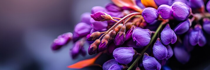 Sticker -  Purple flowers in a cluster sit atop a wooden table Nearby, a blue vase is filled with the same hue of blooms