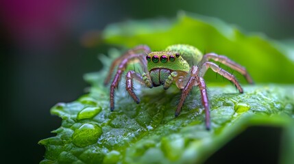 Wall Mural -  A tight shot of a spider on a leaf, its back legs and legs dotted with water droplets