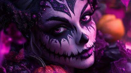 Canvas Print -  A woman's face, closely framed in purple and black paint, is the focal point A pumpkin sits prominently in the foreground (39 tokens