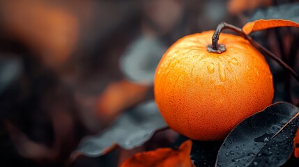 Poster -  A tight shot of an orange on a tree branch, adorned with water-speckled leaves, against a softly blurred backdrop