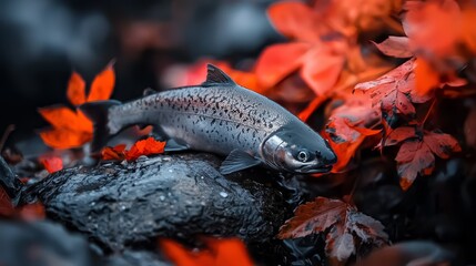  A fish perches atop a rock amidst a red-orange forest floor littered with leaves