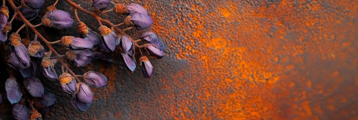 Sticker -  A tight shot of purple blooms atop weathered metal, against a backdrop of aged, rusted wall