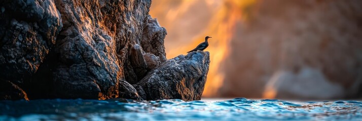 Wall Mural -  A bird perched on a cliff edge overlooking a body of water and a waterfall behind it