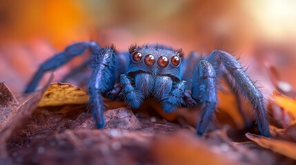 Wall Mural -  A tight shot of a blue jumping spider atop a leafy texture, with a softly blurred background