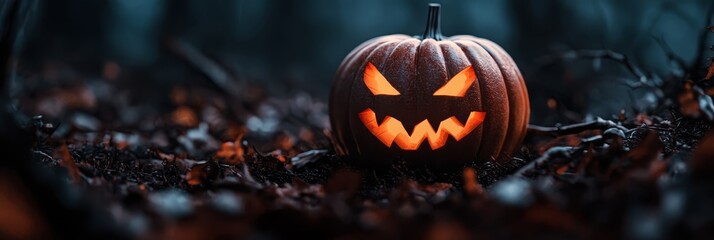 Canvas Print -  A jack-o-lantern, carved from pumpkin, sits in the midst of a lush grass field Its face illuminates with a radiant, glowing expression