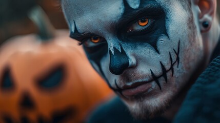 Canvas Print -  A tight shot of an individual wearing a skeleton mask on their face, featuring orange eye paint, against a backdrop of a pumpkin