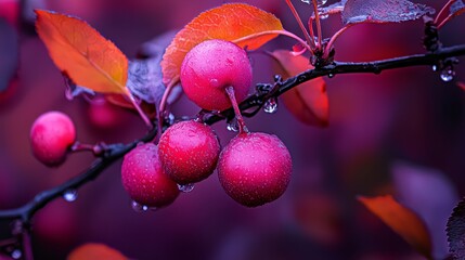 Sticker -  Close-up of purplish berries on tree branch, adorned with water droplets on leaves and at foreground