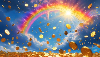 Wall Mural - Swirling golden coins beneath a vibrant rainbow, embodying financial abundance and enchanting beauty