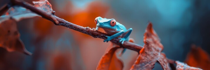 Sticker -  A frog, colored blue and red, sits on a branch against a hazy backdrop of red and blue leaves