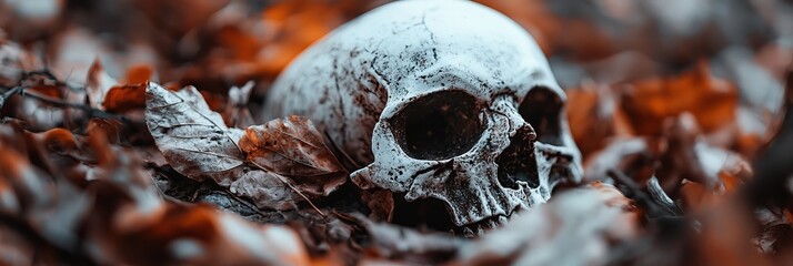 Sticker -  A white skull atop a mound of leaf-covered ground, surrounded by a cluster of red and green leaves