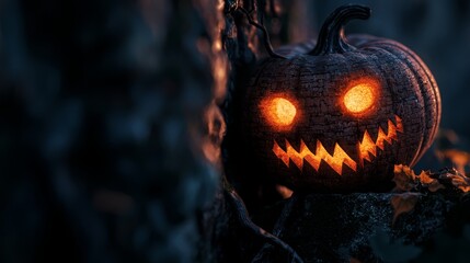 Canvas Print -  A jack-o-lantern perched atop a tree in the darkness, its glowing eyes and menacing expression casting eerie light