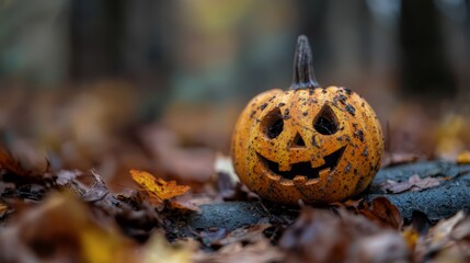 Wall Mural -  A jack-o-lantern pumpkin sits amongst the leaves