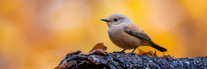 Wall Mural -  A small bird perched on a tree branch against an orange and yellow backdrop with a softly blurred background