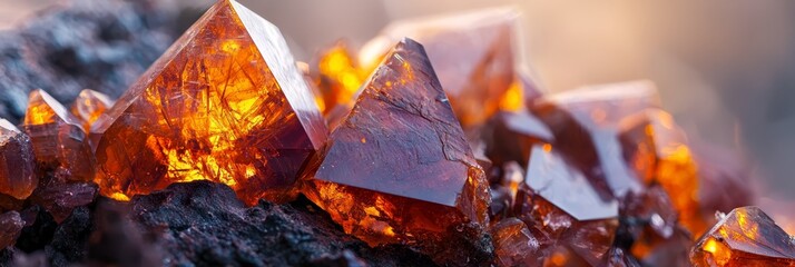 Poster -  A group of orange crystals atop a mound of black stones and soil against indistinct backdrop