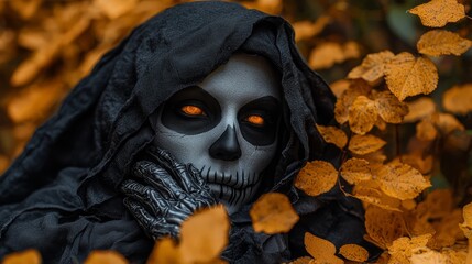 Wall Mural -  A skeleton figure in a black hoodie, its eyes glow orange, stands amidst a sea of yellow and orange autumn leaves