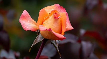 Poster -  A solitary orange-pink rose, adorned with water droplets on its petals, against a backdrop of a green leaf