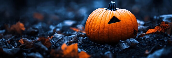 Wall Mural -  A Jack-o-lantern rests in the heart of a leaf pile during the dark night