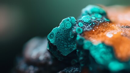 Sticker -  A close-up of a green and orange flower with dewdrops on its petals The petals are adorned with glistening water droplets