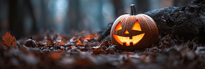 Wall Mural -  A carved pumpkin, or jack-o-lantern, sits centrally amidst a forest floor adorned with fallen leaves A towering tree with distinct bark texture stands behind