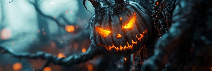 Canvas Print -  A jack-o-lantern dangles from a tree in the woods, its glowing eyes and menacing face exuding fear