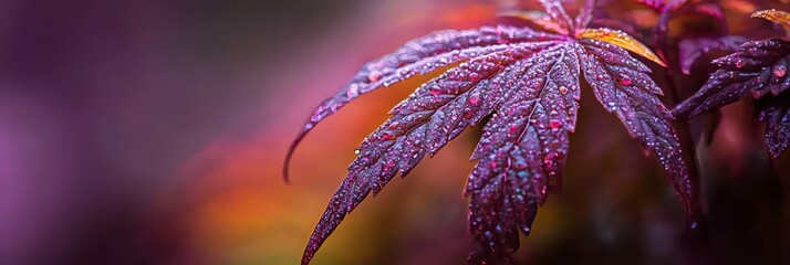 Sticker -  A tight shot of a purple plant, dewdrops glistening on its leaves, backdrop softly blurred