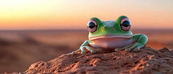  A frog up-close atop a rock amidst a sunset background