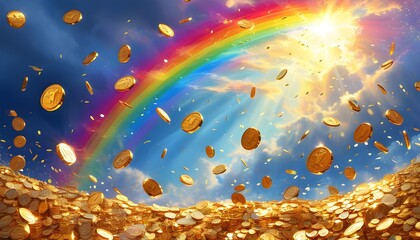 Wall Mural - Swirling golden coins beneath a vibrant rainbow, embodying financial abundance and enchanting beauty