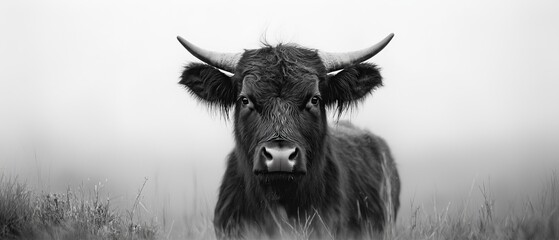 Wall Mural -  A monochrome image of a cow in a field of tall grass, its horns prominent above its head