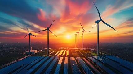 Poster - sustainable urban landscape of renewable energy and innovative infrastructure at sunset