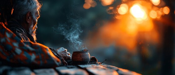 Wall Mural -  A man sits at a table, holding a steaming cup of coffee in one hand and a lit candle in the other